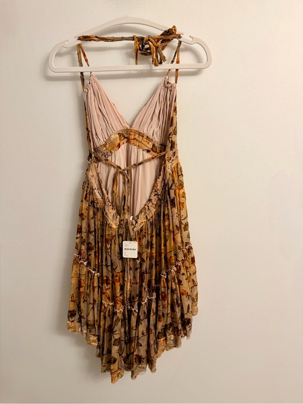 NWT $198 Free People Beige & Brown Leaves Low Back Tiered Halterdress - Picture 7 of 9